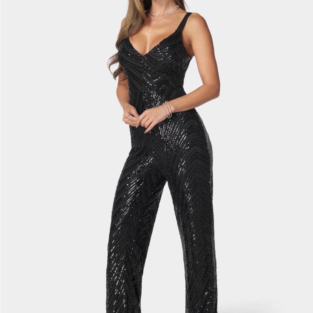 bebe Black Sequin V-Neck Jumpsuit